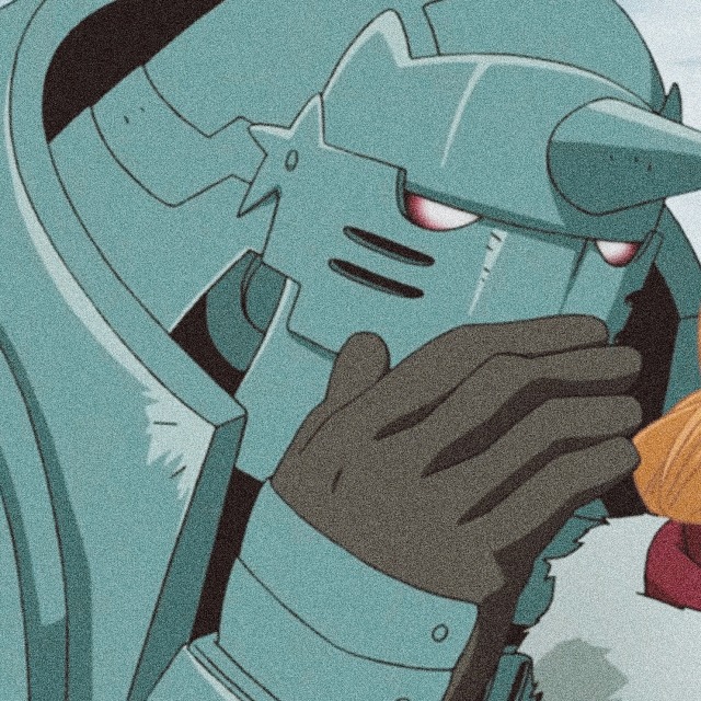 An icon of al from fullmetal alchemist. he leans down and holds a hand up to his mouth as he whispers something to ed who is off screen. 