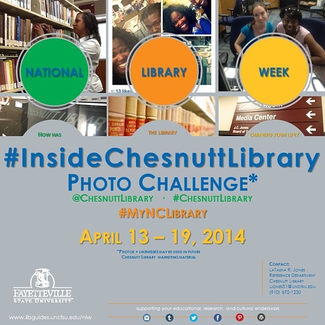 It is National Library Week! We are hosting our #InsideChesnuttLibrary Photo Challenge again, in addition to participating in the NC Library Association Advocacy Campaign.
Tag us in a photo of you, friends, and colleagues inside of #ChesnuttLibrary...