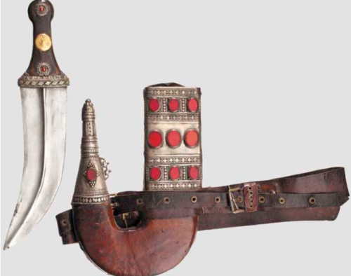 Ornate jambiya dagger and sheath, Middle Eastern, 19th century.