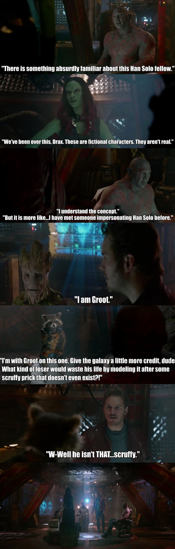 Quill shows the Guardians some Star Wars films. To his inexplicable discomfort, they