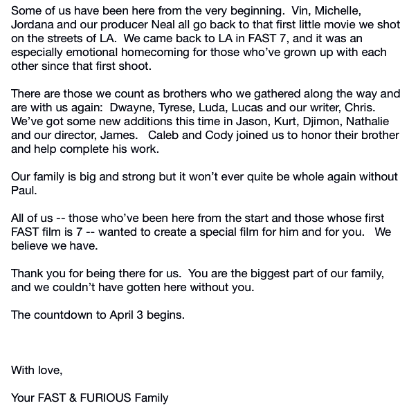 fast-and-the-furious:  » Fast 7 Team leaves a heartfelt letter of thanks on the