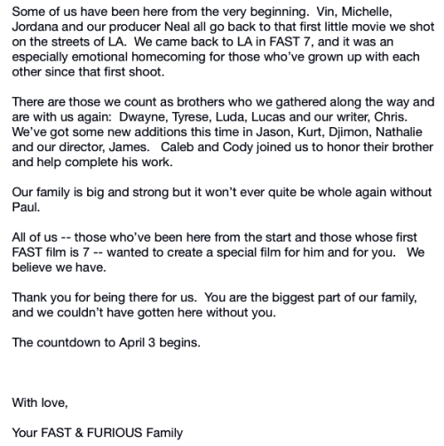 fast-and-the-furious:  » Fast 7 Team leaves a heartfelt letter of thanks on the official Facebook page for the fans’ support of the Fast Family as filming comes to a completion
