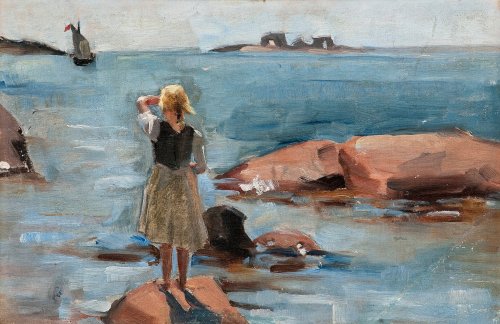 pintoras:Venny Soldan-Brofeldt (Finnish, 1863 - 1945): A girl on the cliffs in Hanko (via Bukowskis)