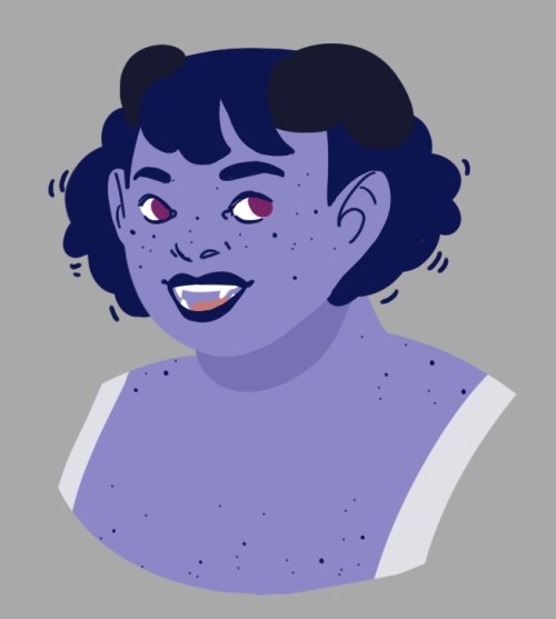 [ID: A bust drawing of Jester from Critical Role. She is a round blue teifling with short curly hair