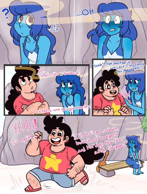 cartoonyafterdark:  First part’s done!! Every porno needs a quickie set up before we get to the dirty itty am i rite guys ((Headcanon: Each gem has a unique heat scent to them Lapis’ is the ocean and Jasper smells like fucking delicious barbecue on