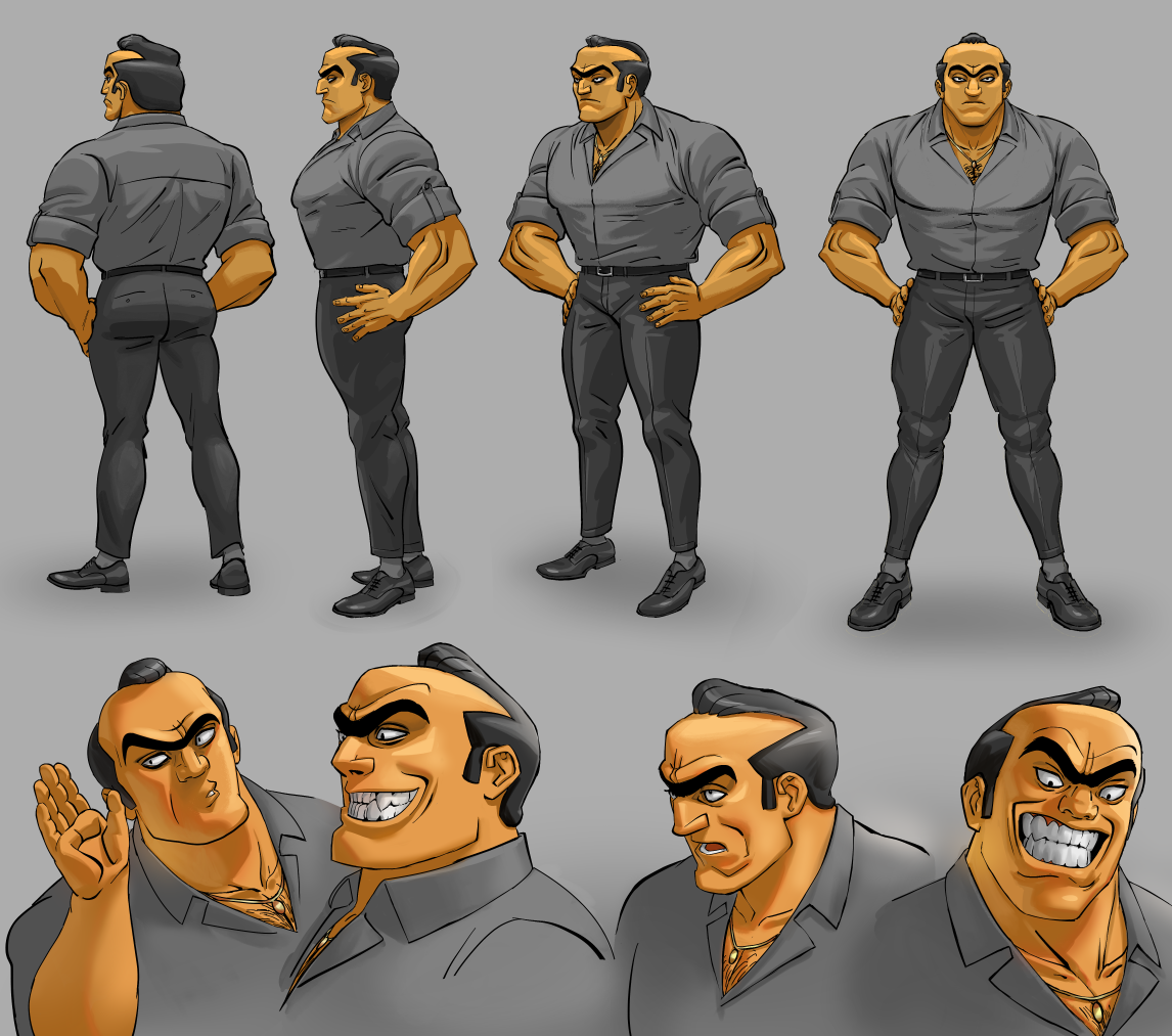 Character sheet showing turnarounds for a character rom the front, back, and side. The man has a balding jet black hair cut made up in a sort of pompadour in the very front. He has a wide chest with muscular shoulders and arms. Four expressions are shown with him grinning widely, listening to something, and talking. He wears a grey dress shirt with rolled up sleeves and dark grey dress pants paired with black dress shoes.