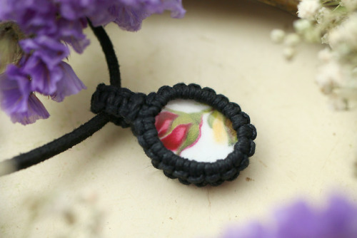 These lovely rose macrame necklaces are made with real vintage porcelain cabochons from the Royal Al