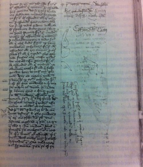 nikatosaurus:museum-of-artifacts:A medieval manuscript that was peed on by a cat Scribe was forced t