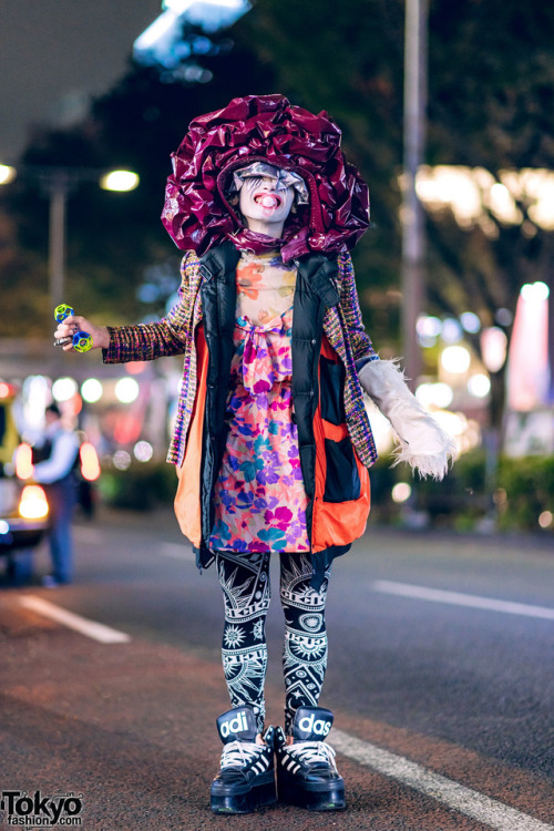 Japanese fashion designer TKM Freedom on the street in Harajuku wearing handmade and remake fashion 