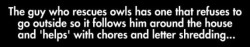 siouxerz:  basedpidgeot:  ker-smash:  taskscape:  ARE YOU FUCKING SERIOUS  Give me this owl  stuff like this keeps me going. y’know? why should i be sad when there’s a guy somewhere who goes about his normal life with an owl following him about  