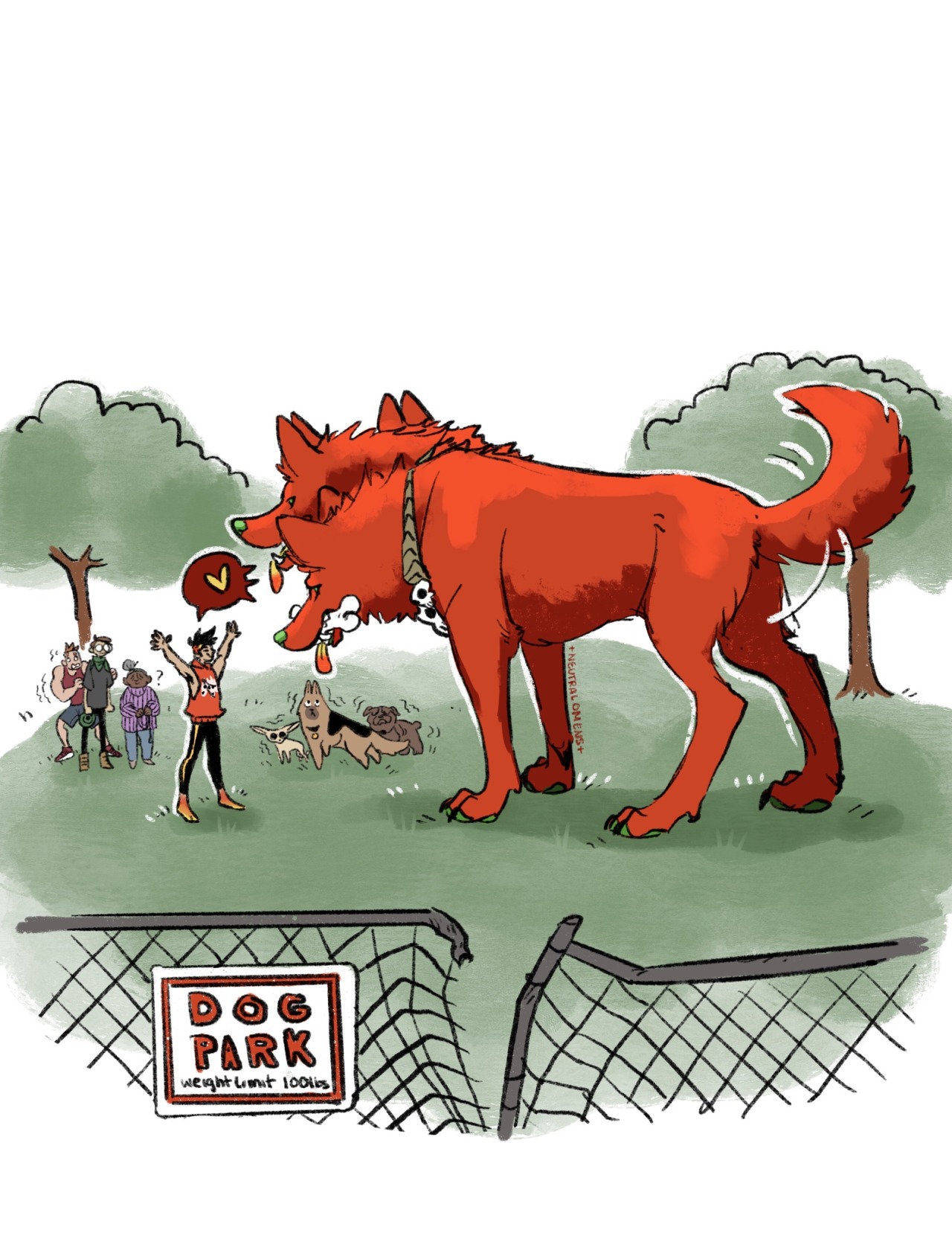 neutralomensart:neutralomensart:Don’t worry he’s just taking his big dog to the dog parkughmy hand has been forcedno more “cerberus is the demon version of clifford” my friends. Clifford is a well known and NOTORIOUS hellhound.