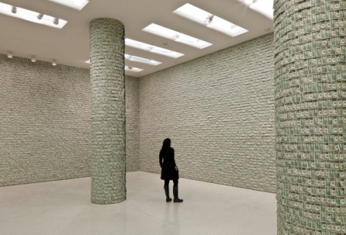 vondell-swain:atavus:Hans-Peter Feldmann - At the Guggenheim, 2011$100,000 pinned to the wall.Photos