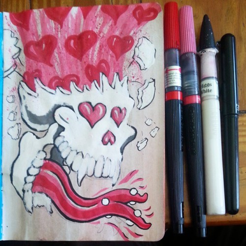 Skulltastic skull. #sketchbookproject #artistsoninstagram #artistsontumblr #mattbernson #pentelbrushpen #ink #hearts #tonguepiercing