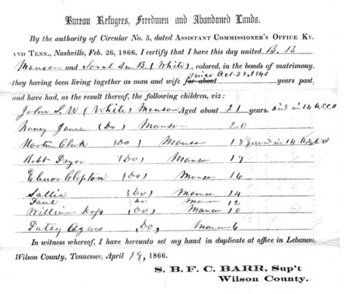 The marriage certificate of Benjamin Manson and Sarah White, 1866. The couple had lived together as 