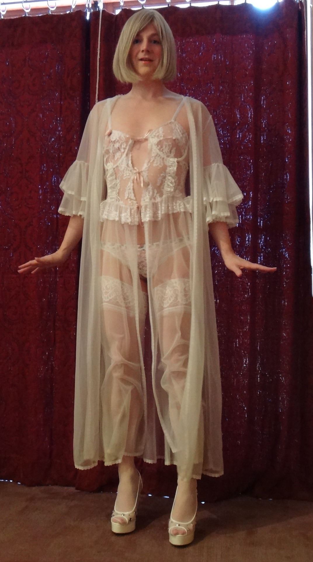 Sissy Jessica presenting herself in vintage lingerie. What a swishy, pansy, frilly,