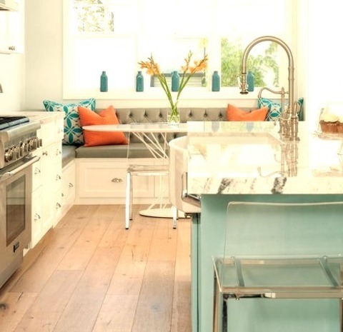 Dining - KitchenWith A Farmhouse Sink, Shaker Cabinets, White Cabinets, Blue Backsplash, Mosaic Tile