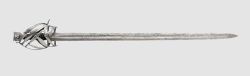 art-of-swords:  Schiavona Sword Dated: circa 1600  Culture: Italian (Venetian) Measurements: overall length 99.5 cm The sword has a double-edged blade fullered on both sides. The characteristical iron basket hilt features arsenal marks struck on the
