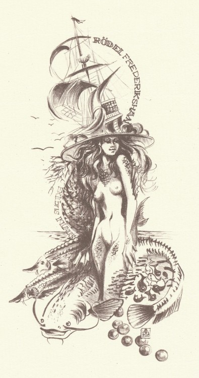 Klaus Rödel bookplate (2004). Artist: Hermina Horvath.A woman with fish scales on her skin rises f