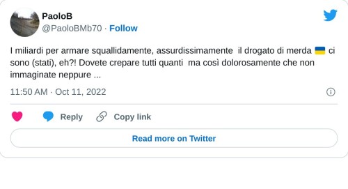 I miliardi per armare squallidamente, assurdissimamente il drogato di merda 🇺🇦 ci sono (stati), eh?! Dovete crepare tutti quanti ma così dolorosamente che non immaginate neppure ... 🔥🔥🔥  — PaoloB (@PaoloBMb70) October 11, 2022