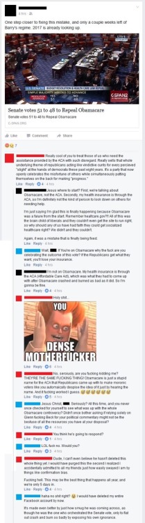 trumpgrets: [image: facebook exchange where an anonymous user opines: i am not on obamacare. my heal