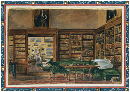 Watercolour interior portaits of the library at Ditton Park, Berkshire, England. By Simon Jacques Ro