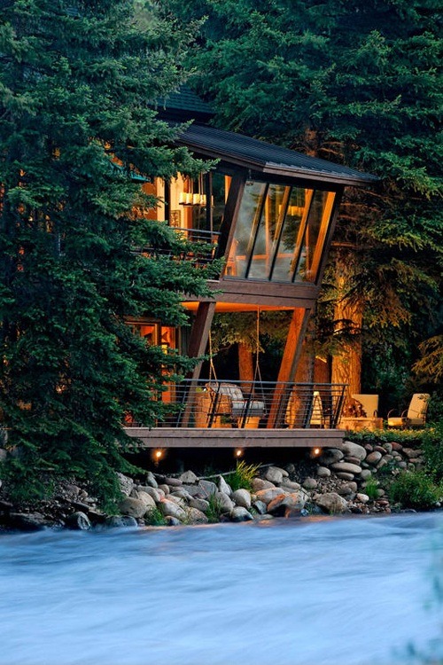 nonconcept: Feldman Residence next to a roaring river in the mountains of Woody Creek, Colorado, des