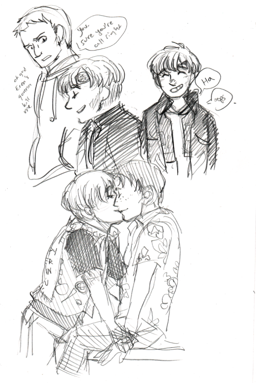 callmekitto:  pISS ON MY GRAVE shingeki no queer punk doodles, This AU Is Ruining My Life edition including but not limited to, the time armin got a head injury in a crowd at a show and Reiner was like “shit”, Marco and Armin sometimes make out because