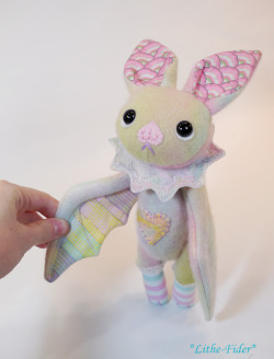 lithefidercreatures:  Pastel bat twins!  I was commissioned to make a pastel bat and made them a brother while I was at it.  The yellow-faced bat is the one up for adoption right now in my shop.  :)  Check the listing for more info on this plush too: 