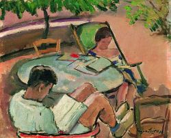 huariqueje:   Reading outdoors (Estelle)   -    Eugen Spiro , 1936   German,1874-1972 Oil on canvas,   22 x 27 cm. (8.7 x 10.6 in.) 