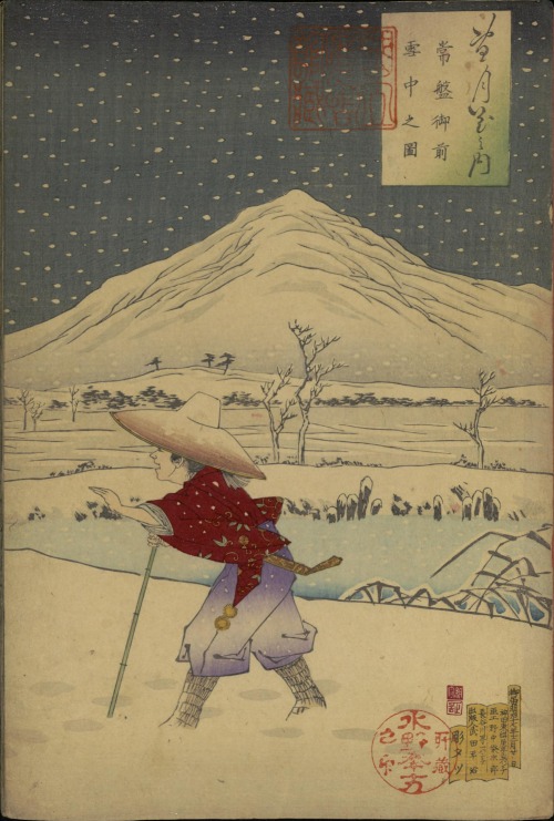 雪月花之内　水野年方 画　1884年常盤御前雪中之圖石山寺秋之月鳥羽法皇白河ノ御遊ニ玉藻前ヲ召之圖国立国会図書館デジタルコレクション