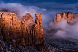 americasgreatoutdoors:  An amazing shot of a foggy morning at Colorado National Monument – a place full of towering monoliths surrounded by a vast plateau and canyon. It took photographer Greg Owens a year and a half to capture a good image from this