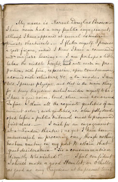 19th manuscript Norval Douglas Brown The Ambitious Amateur Actor 1867 Audition notes? timed to 8 min