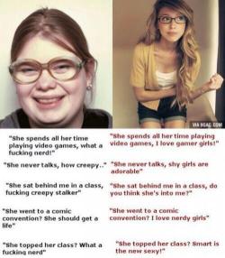 music-geek-fandom-freak:  minawrotethis:  This is society for everything, if you are considered “conventionally attractive” than whatever you do it’s appealing. However if you are considered to be less attractive than whatever you do it’s wrong. 