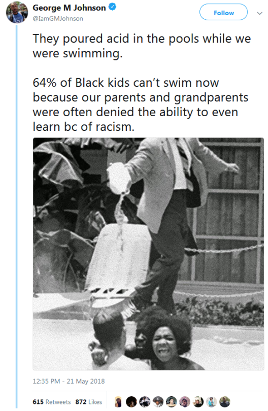 thatpettyblackgirl:  Not to mention the fact that, because of de facto educational segregation, black kids are less likely to have attended schools with pools, and thus had no/limited access to swimming as a PE credit/unit or extracurricular. 