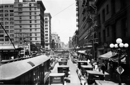Traffic jammed as far as the eye can see. Looking north on Hill Street in downtown Los Angeles, 1924