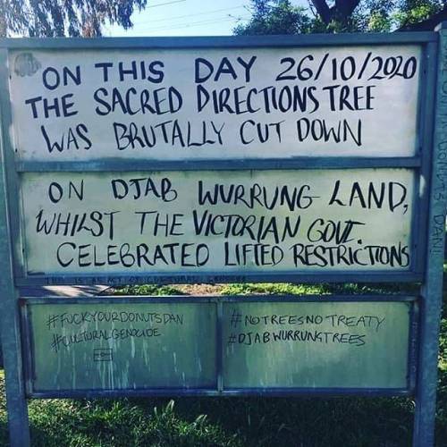 &ldquo;On this day 26/10/2020 the sacred directions tree was brutally cut down on Djab Wurrung l