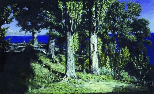 artist-kuindzhi:Cypresses on a Seashore. The Crimea, 1887, Arkhip KuindzhiMedium: oil,paper