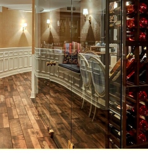 Transitional Wine Cellar Chicagoa Sizable Image Of A Wine Cellar With Storage Shelves And A Brown Floor