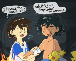 skytroops:skye is alone up in the mountains with a wet shirtless ash and he only cares about the scratch on the kid’s arm.