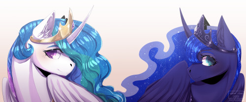lunnar-chan: Week ago I suddenly recalled about ponies, woo! Once a many years ago I was the ‘brony’ too, but then I just grow up and forgot about fandom. I drew two princesses to freshing my mind. Lovely girls. <з 