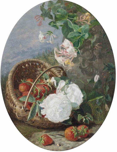 Eloise Harriet Stannard (1829 - 1914)Strawberries in a basket, with honeysuckle and roses, on a bank