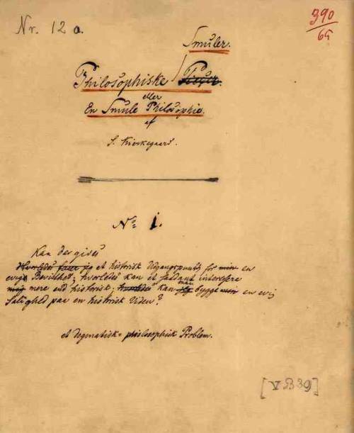 Title page of the manuscript of Soren Kierkegaard’s Philosophical Fragments, 1844. Kierkegaard