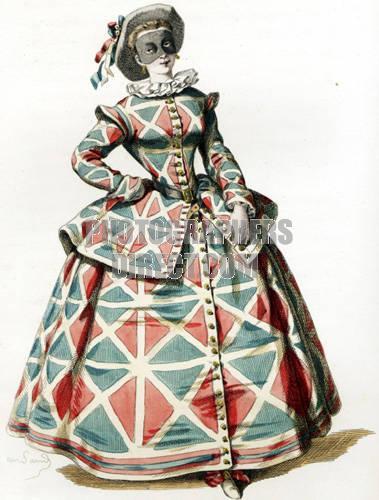 Female Harlequin in 18th century clothes, mid-19th century costume illustrations for the Commedia de