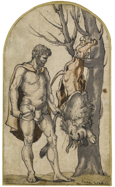 German School, 16th century, Hercules Skinning the Nemean Lion. Pen and black ink and grey and red wash, squared in black chalk, 216 by 129 mm.