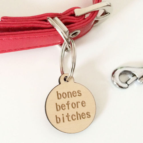 fat-on-purpose:tastefullyoffensive:  Funny Pet Collar Tags (photos via Bored Panda)Related: Cats and Dogs Growing Up With Their Toys   It is weird that most of these apply to me too?