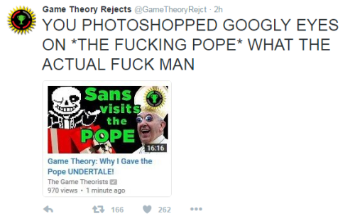 green-gg: the Game Theory Rejects twitter upon the discovery that Matpat gave a copy of Undertale to