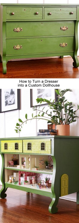 truebluemeandyou:How to Turn a Dresser into a Custom DollhouseThe tutorial covers:Painting the inter