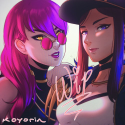 koyoriin:  http://twitter.com/koyoriin http://patreon.com/koyorin http://www.pixiv.net/member.php?id=12576068Finished up Evelynn, but I still need to add Kai’sa to the piece before I complete it. Apologies for all of the WIPs on this one piece, been