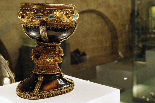 An ornate onyx chalice recently discovered at the Basilica of St. Isodore in Leon, Spain.  Dated to 