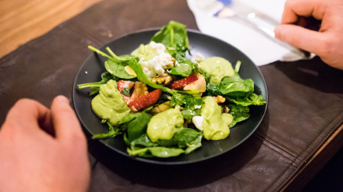 noodlesandbeef:Last night’s BDSM inspired menu.Choke out saladArtichoke, spinach, strawberry, walnut